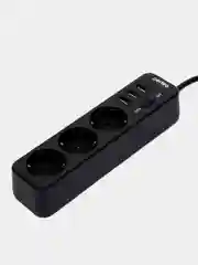 Черный сетевой фильтр "POWER STREAM", 2500W, двойная защита, 2м, 3 розетки, 3 USB