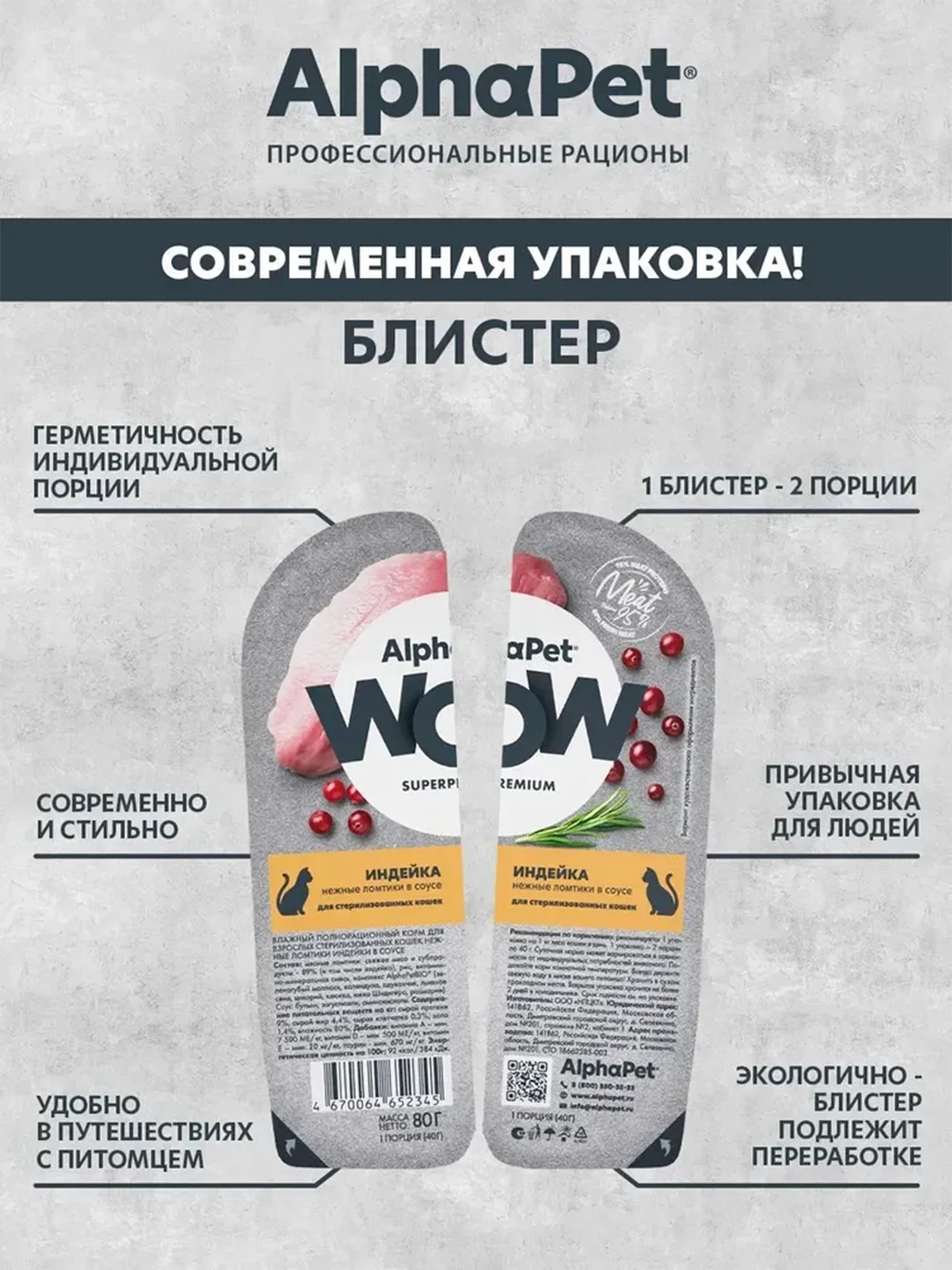 АльфаПет WOW 80г индейка ломтики в соусе д/стерил. кошек (652345)