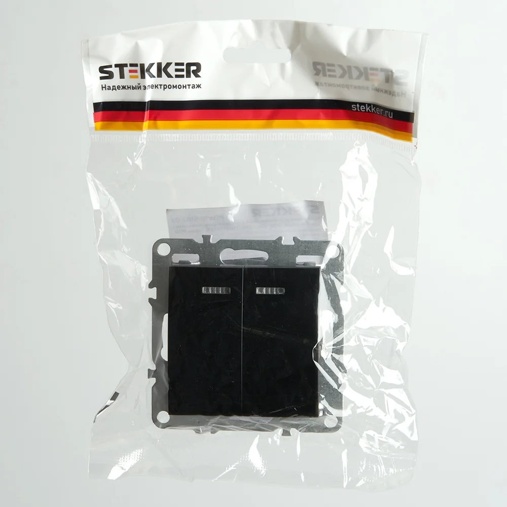 Выключатель Stekker, 2-клавишный, с индикатором, серия Эрна, PSW10-9102-03, черный