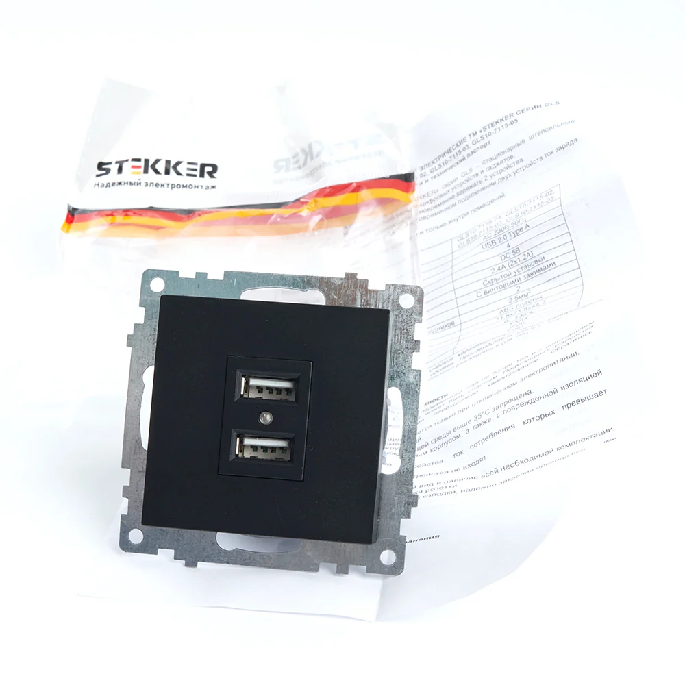 Розетка Stekker GLS10-7115-05, 2-местная USB (механизм), 250В, 2,1А, серия Катрин, черный