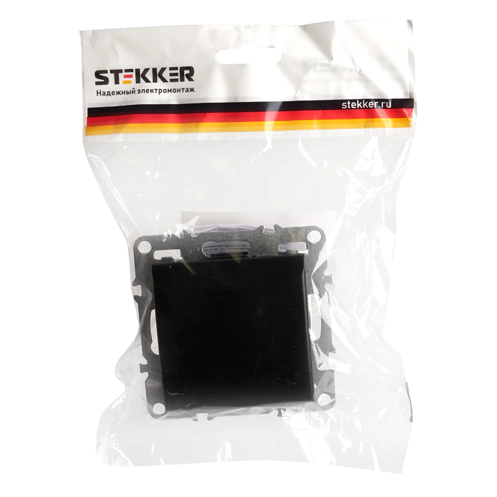 Розетка Stekker PST16-9112-03, 1-местная, с/з, с крышкой (механизм), серия Эрна, черный