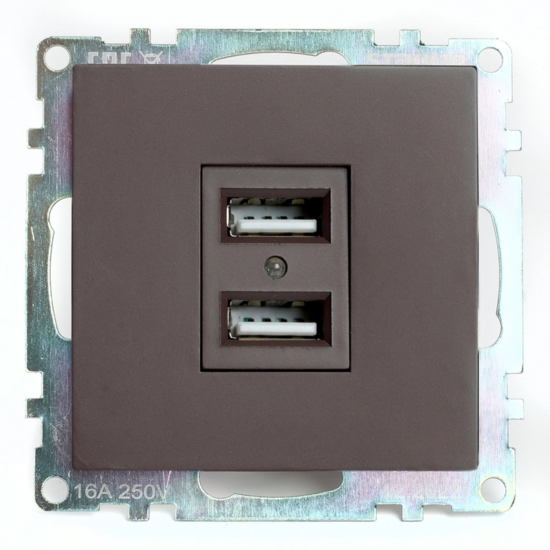 Розетка Stekker GLS10-7115-04, серия Катрин, 2-местная USB, 250В, 2,1А, шоколад