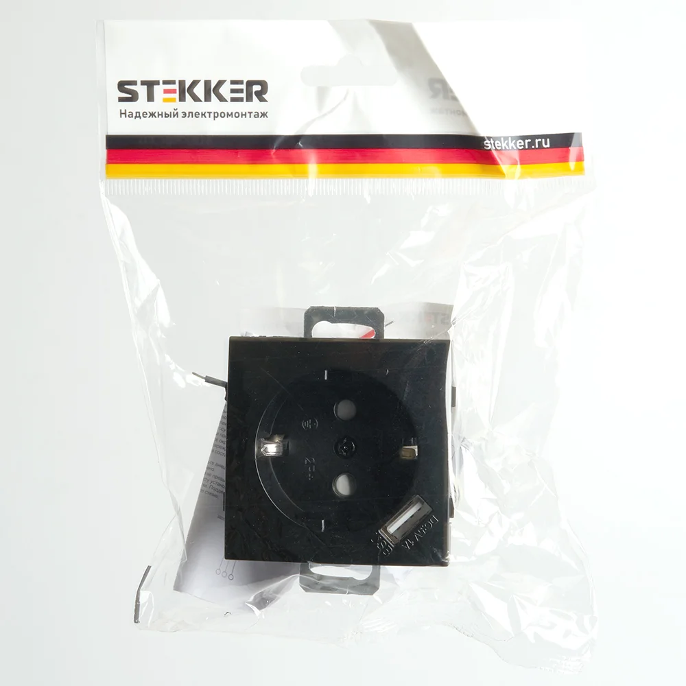 Розетка Stekker PST16-9111-03, 1-местная (механизм) с USB, черная