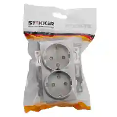Розетка Stekker GLS16-7114-03, 2-местная с защитной шторкой, 250В/16А, цвет серебро