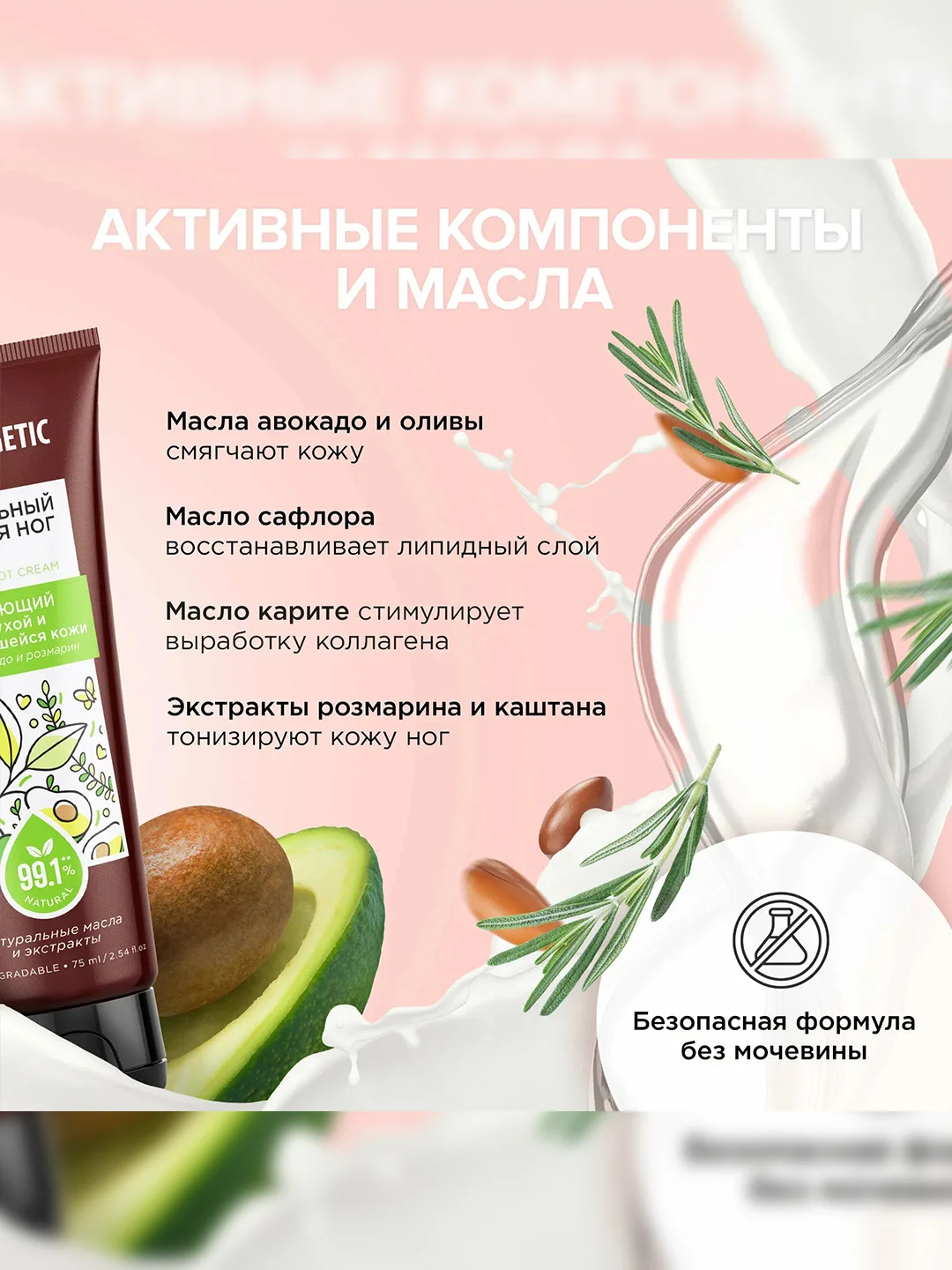 Крем для ног SYNERGETIC Смягчающий для сухой и потрескавшейся кожи, 75 мл