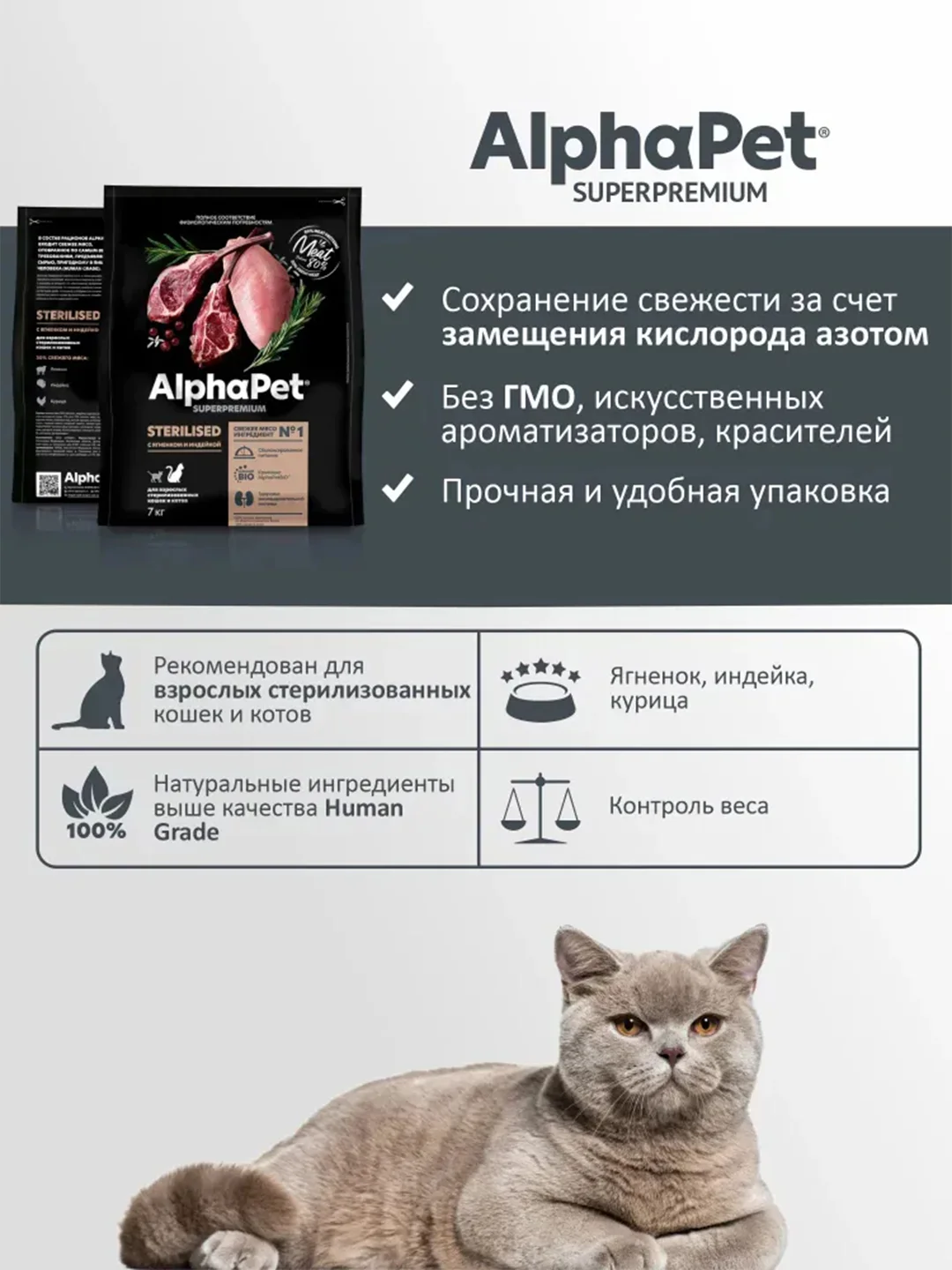 АльфаПет 7кг с ягненком и индейкой сухой д/взрослых стерилизованных кошек (652031)