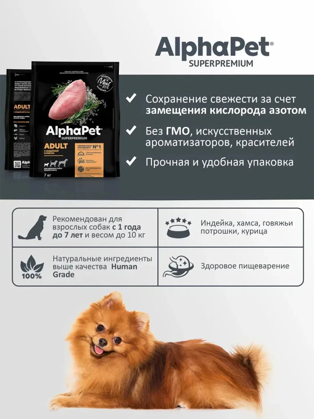 АльфаПет 7кг с индейкой и рисом сухой д/взрослых собак мелких пород (652291)