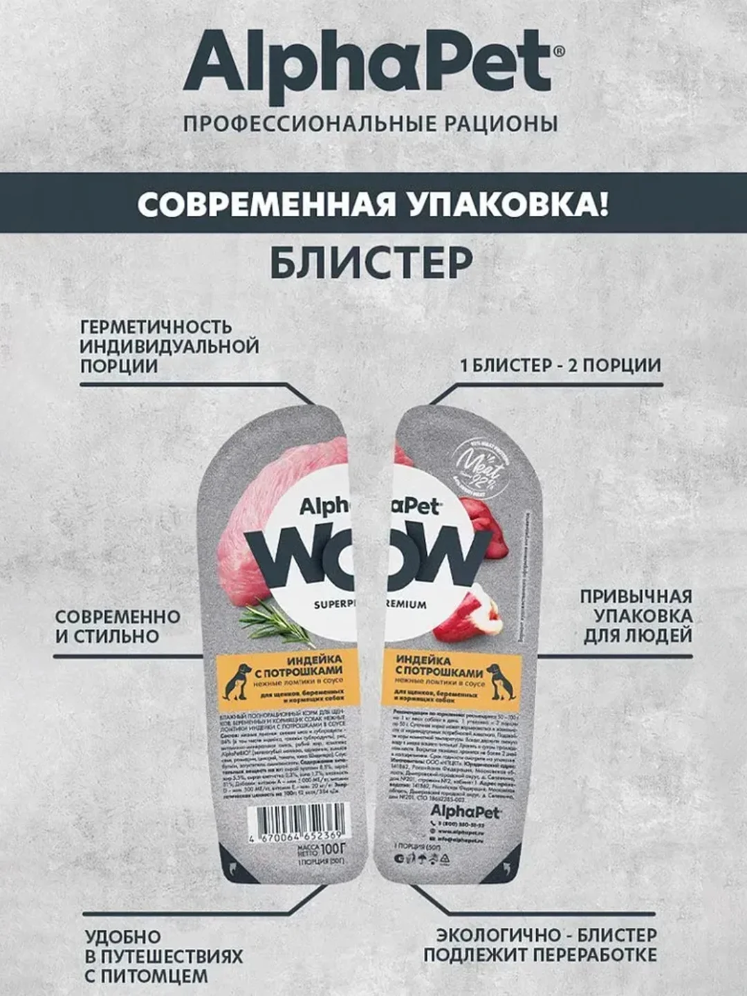 АльфаПет WOW 100г индейка и потрошки ломтики в соусе д/берем., кормящ. собак и щенков