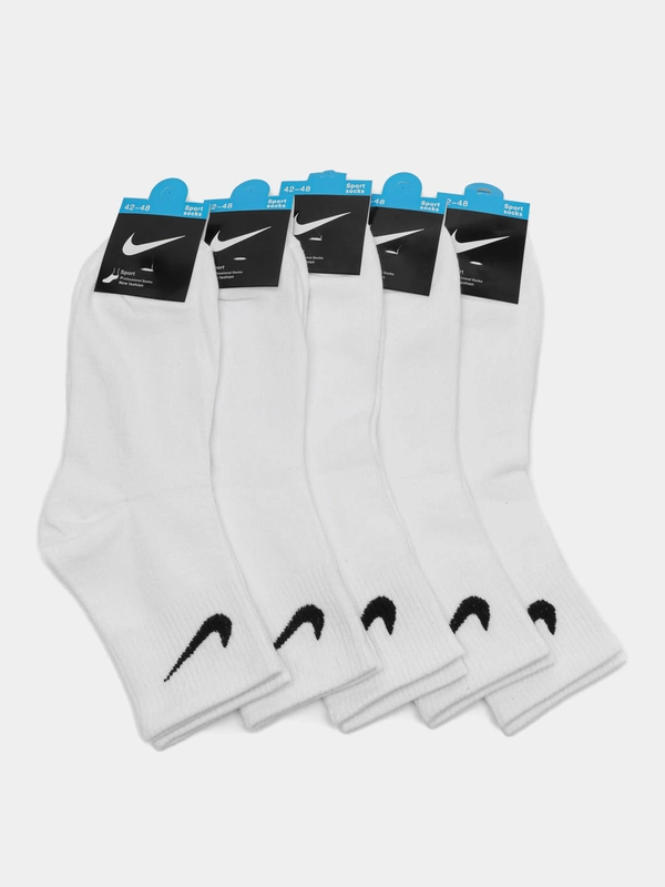 Носки белые мужские средней длины с вышитым принтом Найк (Nike), комплект из 5 пар, хлопок