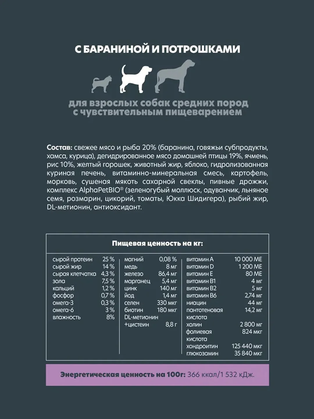 АльфаПет 7кг с бараниной и потрошками сухой д/собак средних пород с чувств. Пищевар