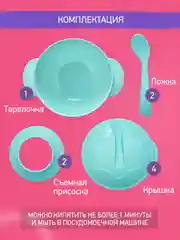 Голубой набор для кормления: тарелка на присоске, крышка и ложка
