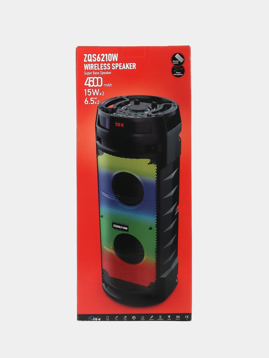 Хром колонка Bluetooth с LED-подсветкой ZQS 30Вт (USB/SD/AUX/FM) + микрофон