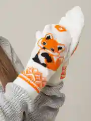 Белый женские варежки вязаные с лисичкой