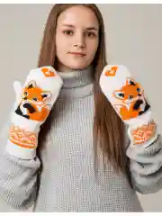 Белый женские варежки вязаные с лисичкой