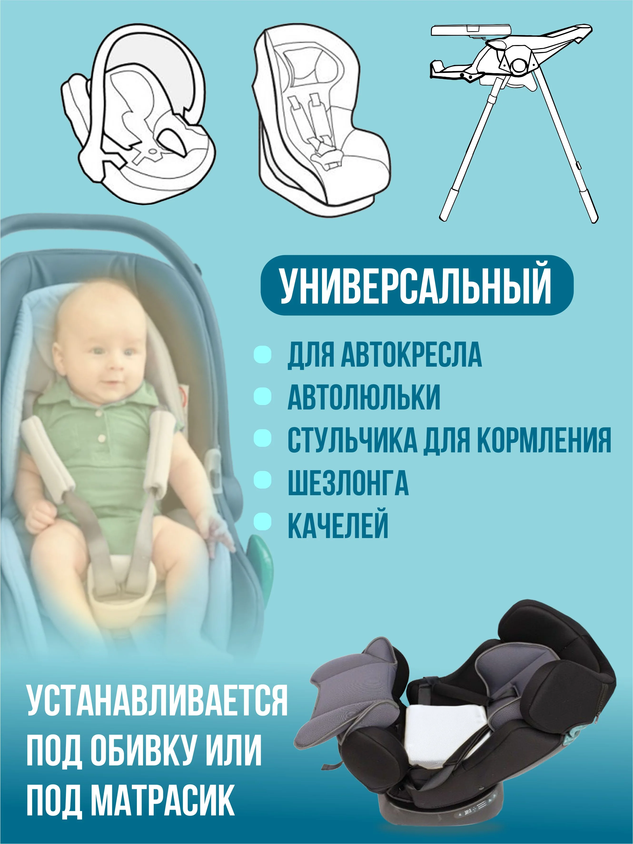 Подушка вкладыш для новорожденного в автокресло/автолюльку в чехле анатомический