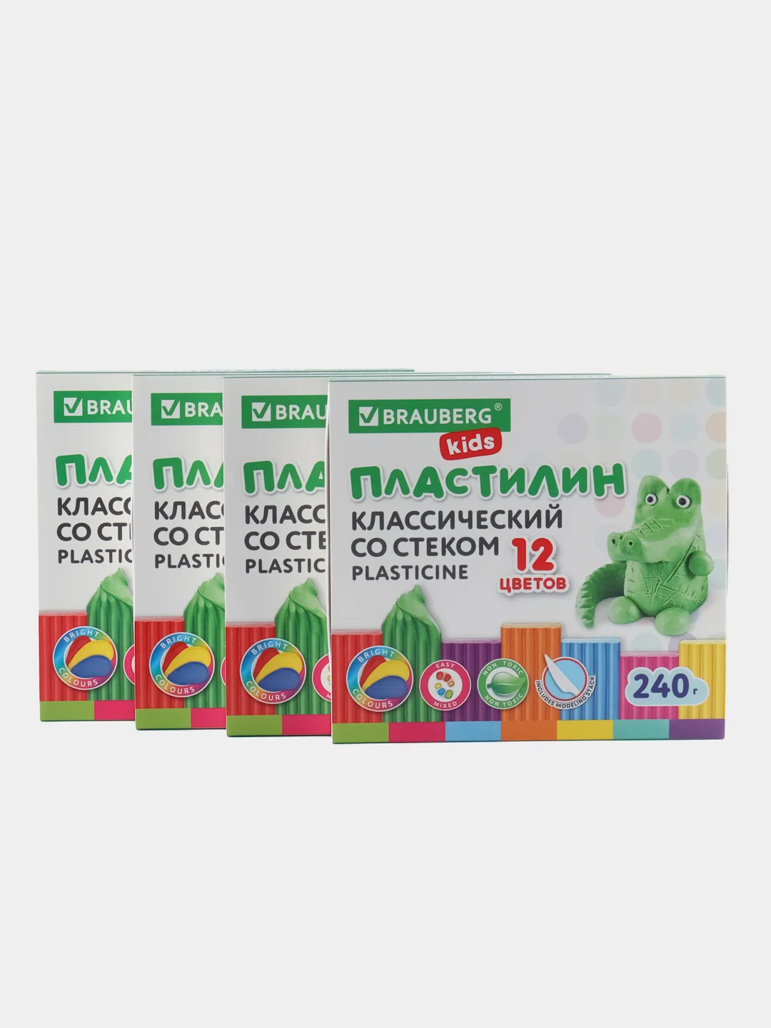 Пластилин набор 4 штуки по 12 цветов, классический, 960 грамм, 4 стека, Brauberg Kids