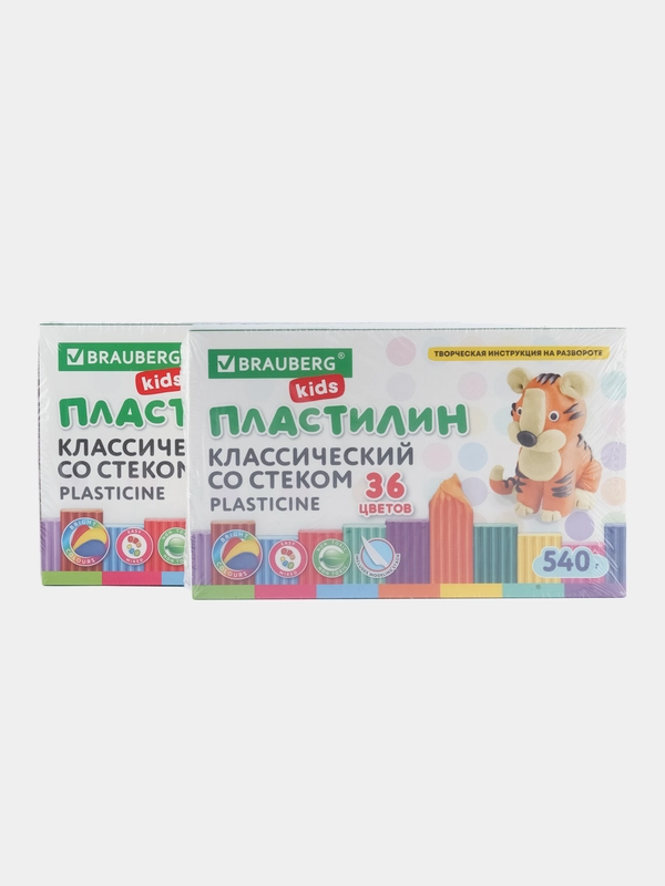 Пластилин набор 2 штуки по 36 цветов, классический, 1080 грамм, 2 стека, Brauberg Kids