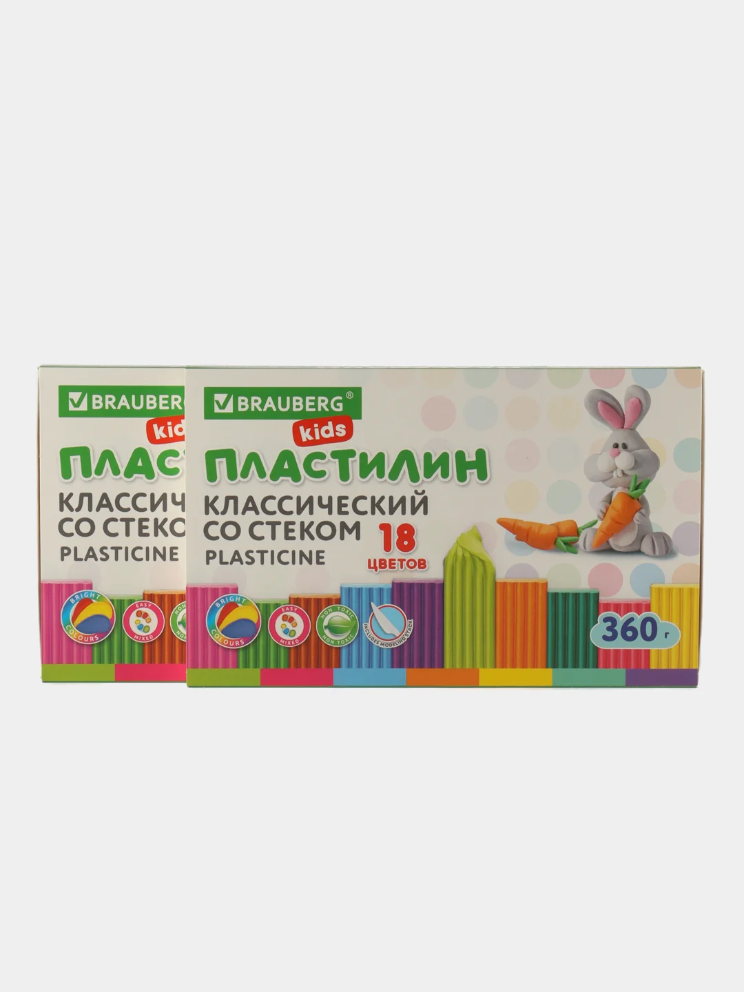 Пластилин набор 2 штуки по 18 цветов, классический, 720 грамм, 2 стека, Brauberg Kids