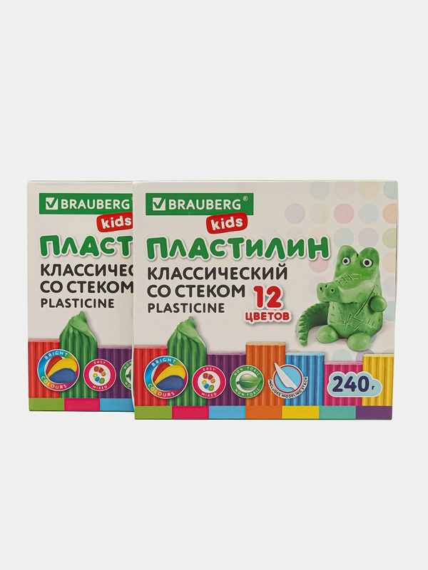 Пластилин набор 2 штуки по 12 цветов, классический, 480 грамм, 2 стека, Brauberg Kids