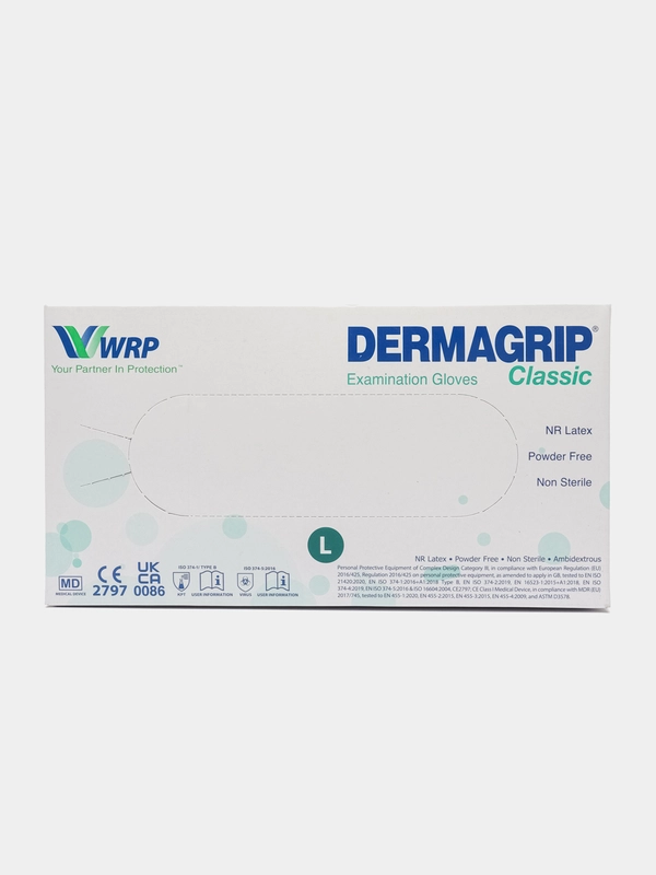 Перчатки медицинские одноразовые Dermagrip Classic, 630064, латексные смотровые 100 штук L