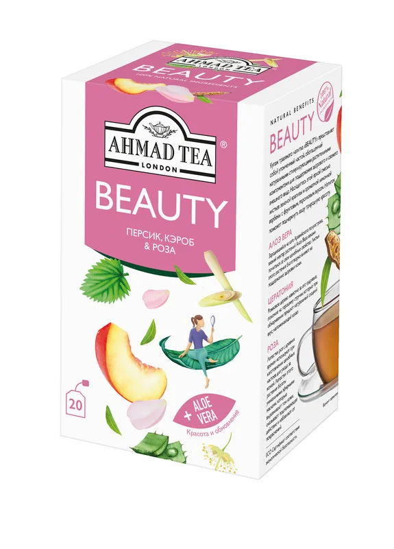 Чайный напиток травяной Ahmad Tea BEAUTY, персик, кэроб и роза, 20 пакетиков х 1,5 г