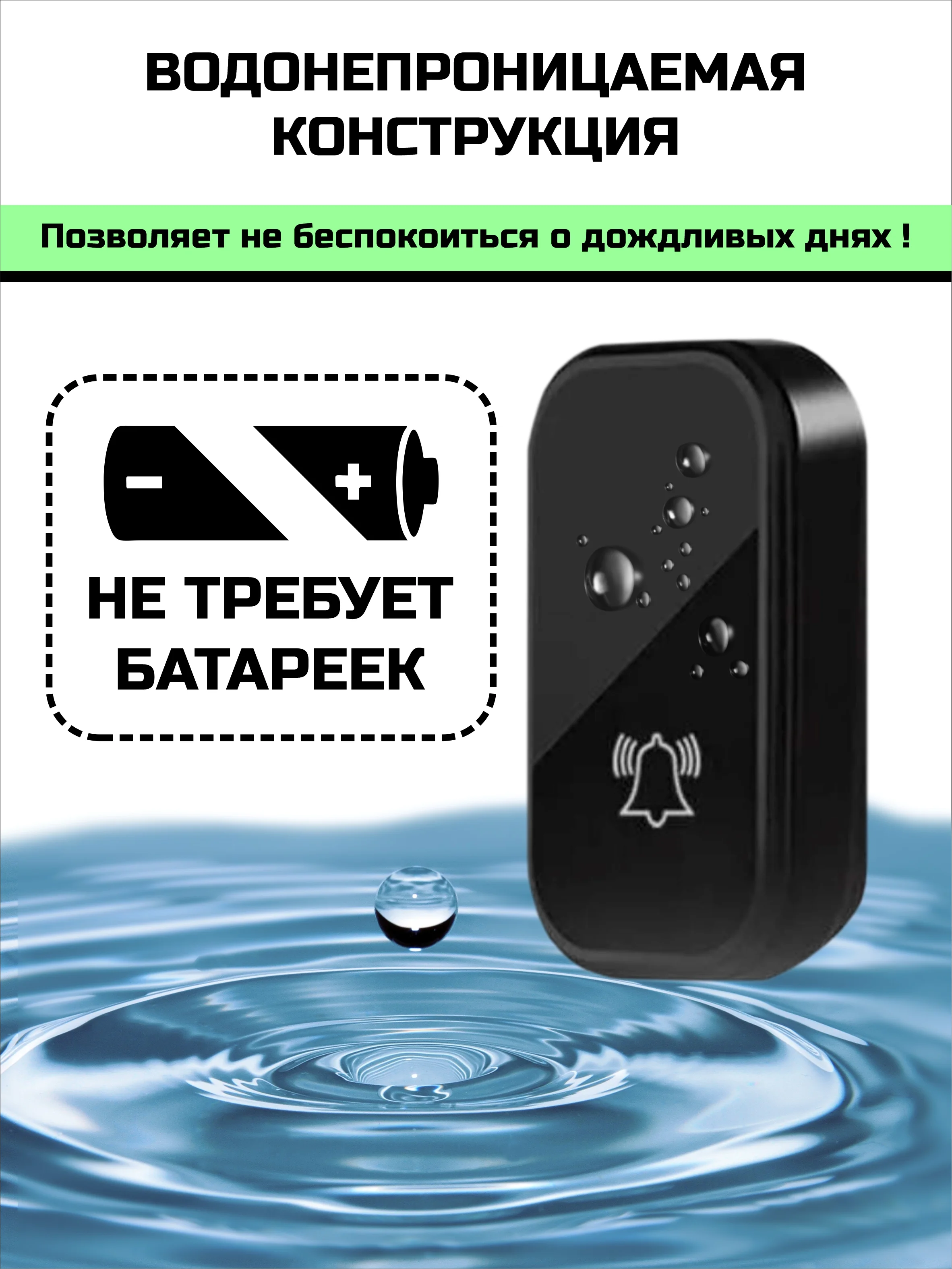 Черный звонок беспроводной, дверной, без батареек