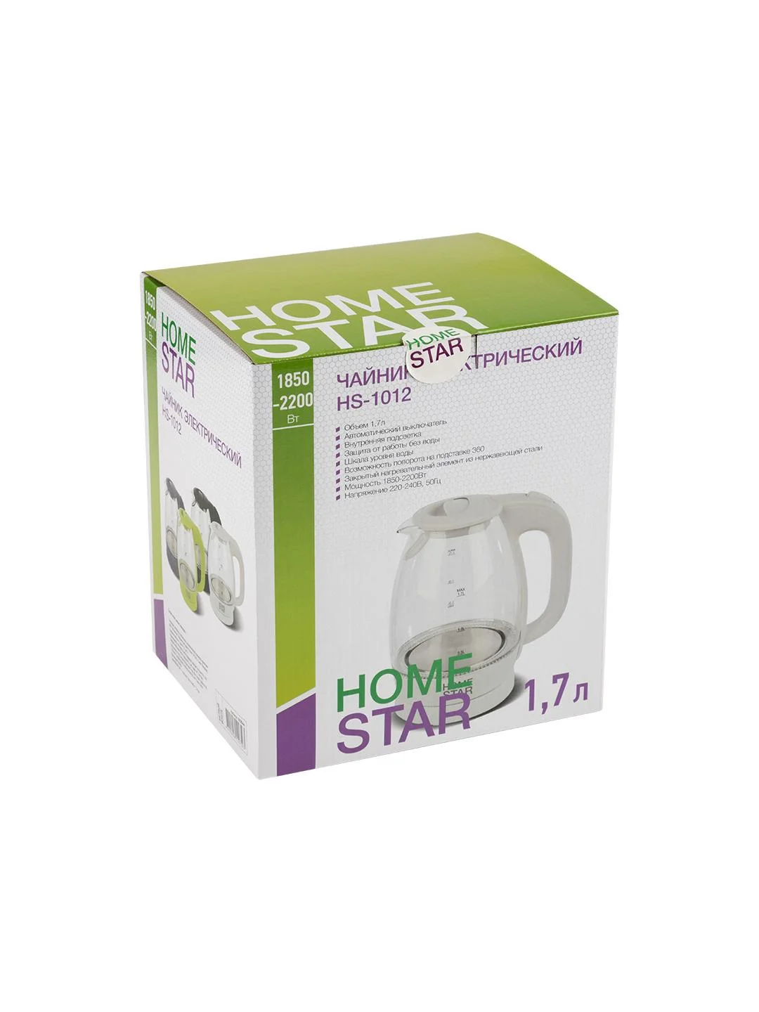 Чайник электрический HomeStar HS-1012 1.7 л, стекло, белый