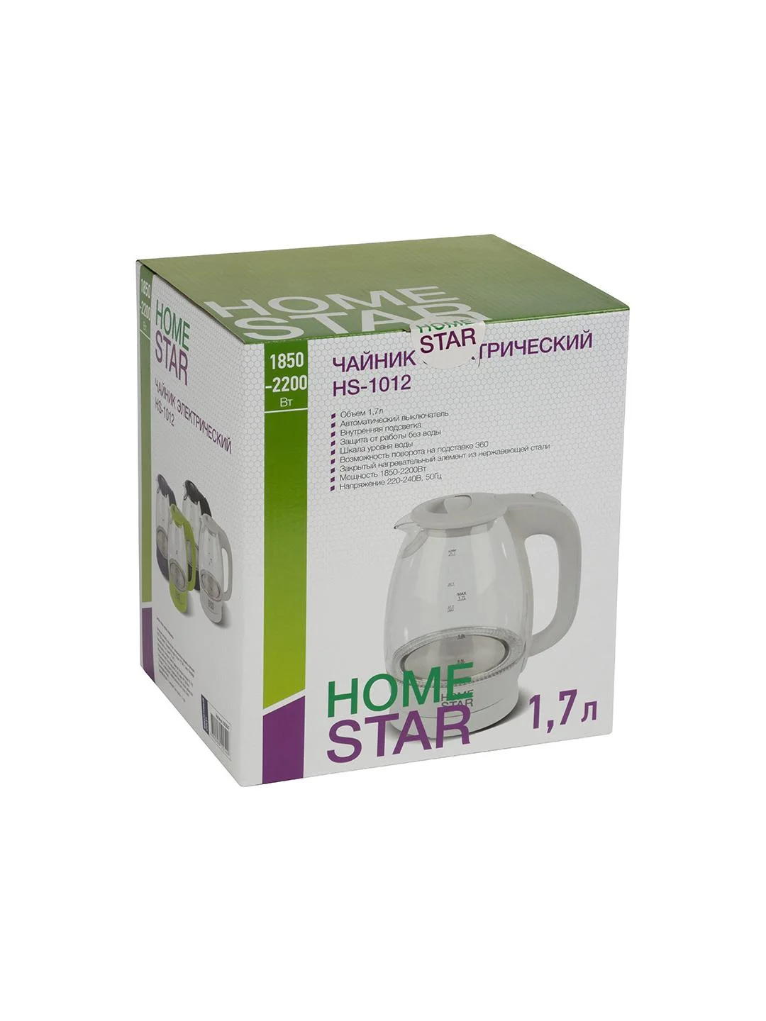 Чайник электрический HomeStar HS-1012 1.7 л, стекло, фиолетовый
