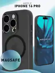 Черный чехол MagSafe для Apple iPhone 16 Pro пластиковый с силиконом ROSCO противоударный, магнит