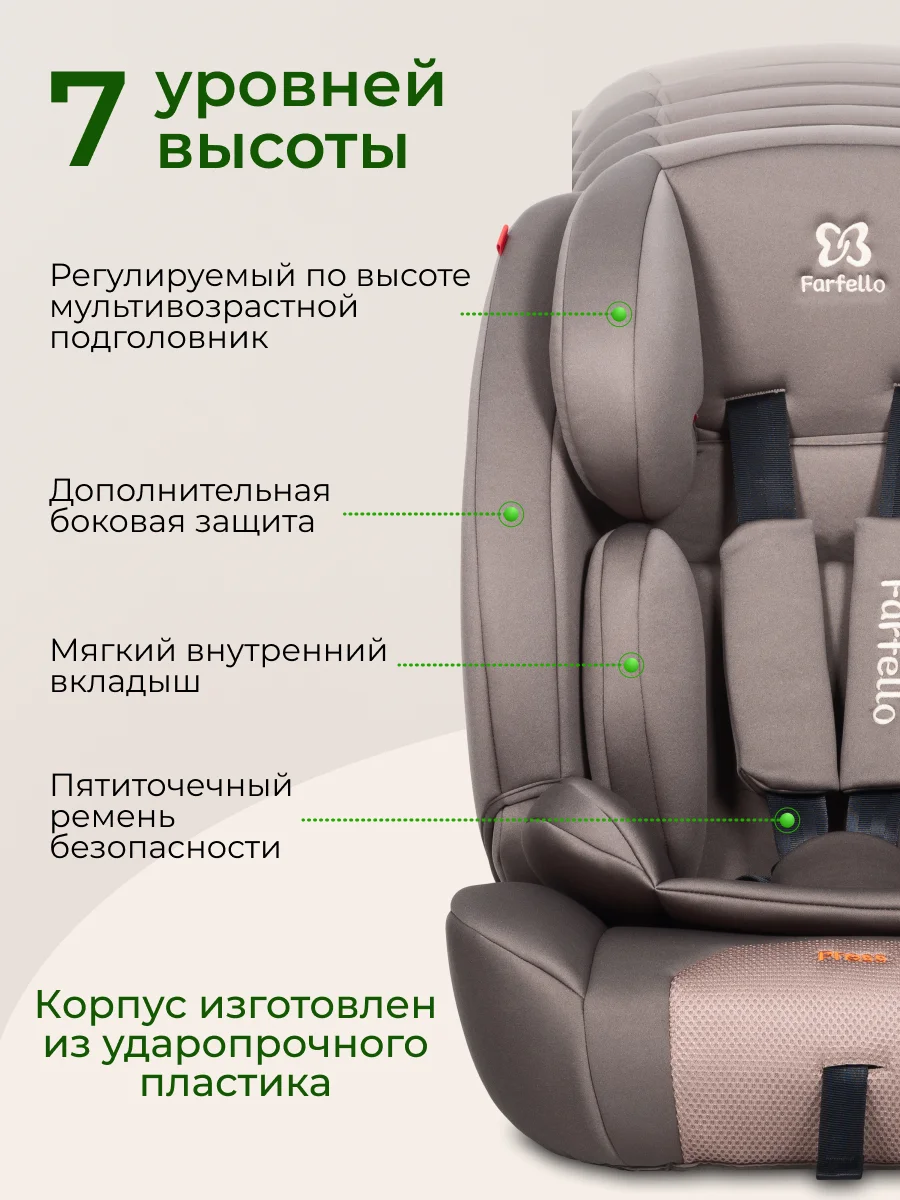 Автокресло детское Farfello YKO-921N кофейное, группа I/II/III, 9-36 кг