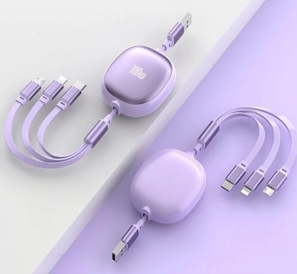 Черный кабель зарядный iPhone и Type-C/ Шнур для зарядки рулетка универсальный