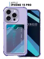 Фиолетовый чехол для iPhone 15 Pro противоударный силиконовый ROSCO с карманом для карт защитой углов