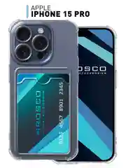 Прозрачный чехол для iPhone 15 Pro противоударный силиконовый ROSCO с карманом для карт защитой углов