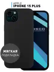 Черный чехол для iPhone 15 Plus силиконовый ROSCO матовый с микрофиброй, бортиком защитой камер