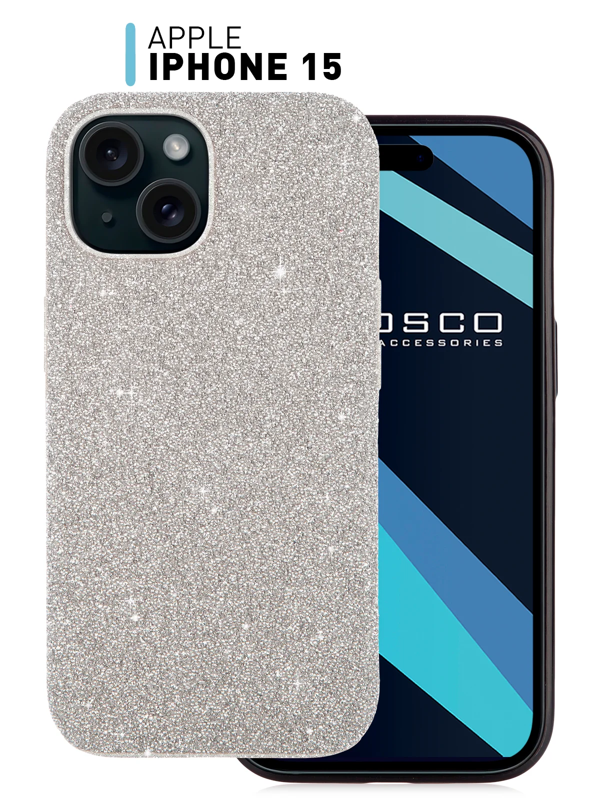 Серебряный чехол на Apple iPhone 15 блестящий ROSCO пластиковый с силиконом, стразами, кристаллами