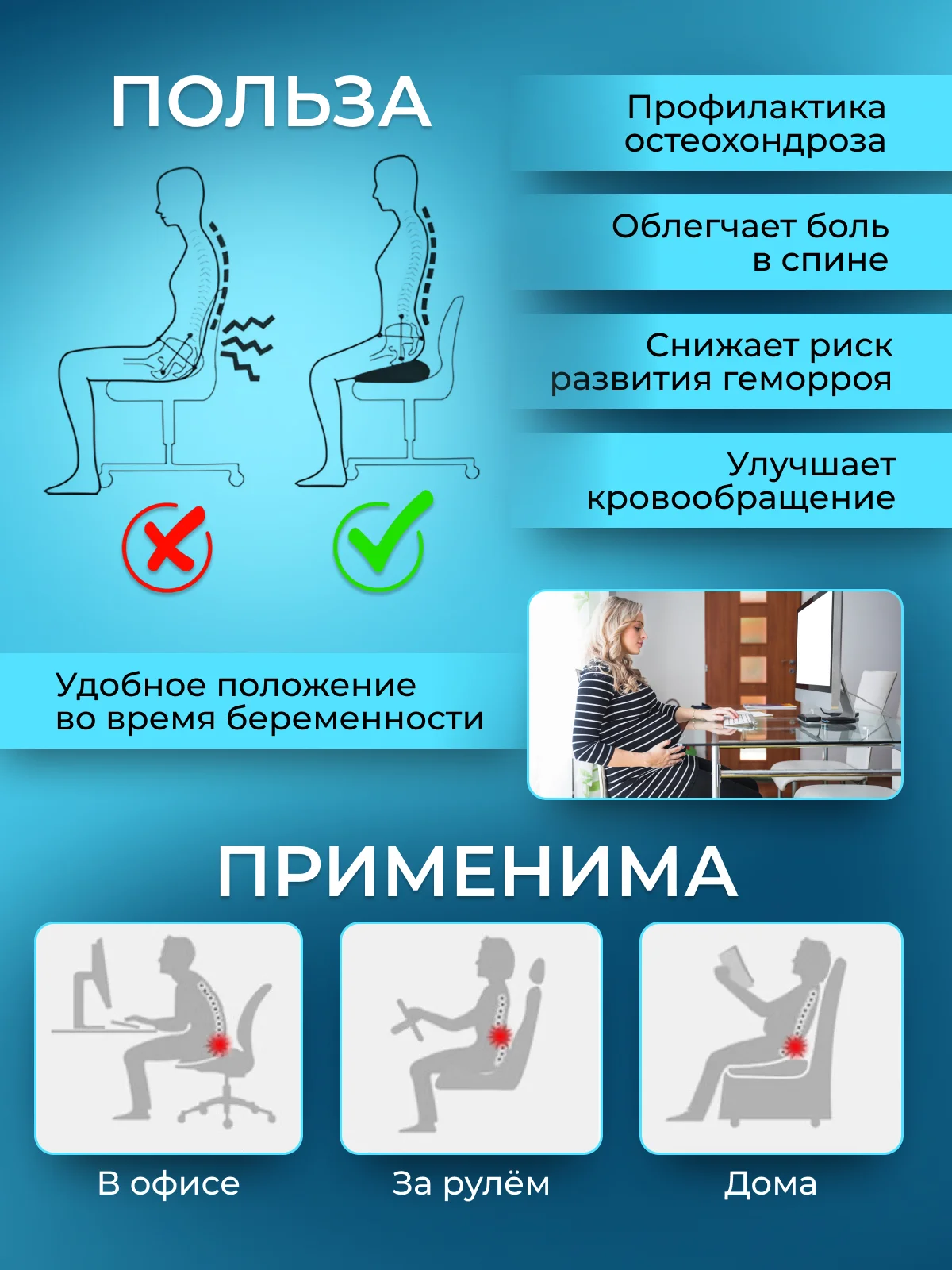 Подушка на стул кресло сиденье ортопедическая анатомическая, для поясницы с эффектом памяти