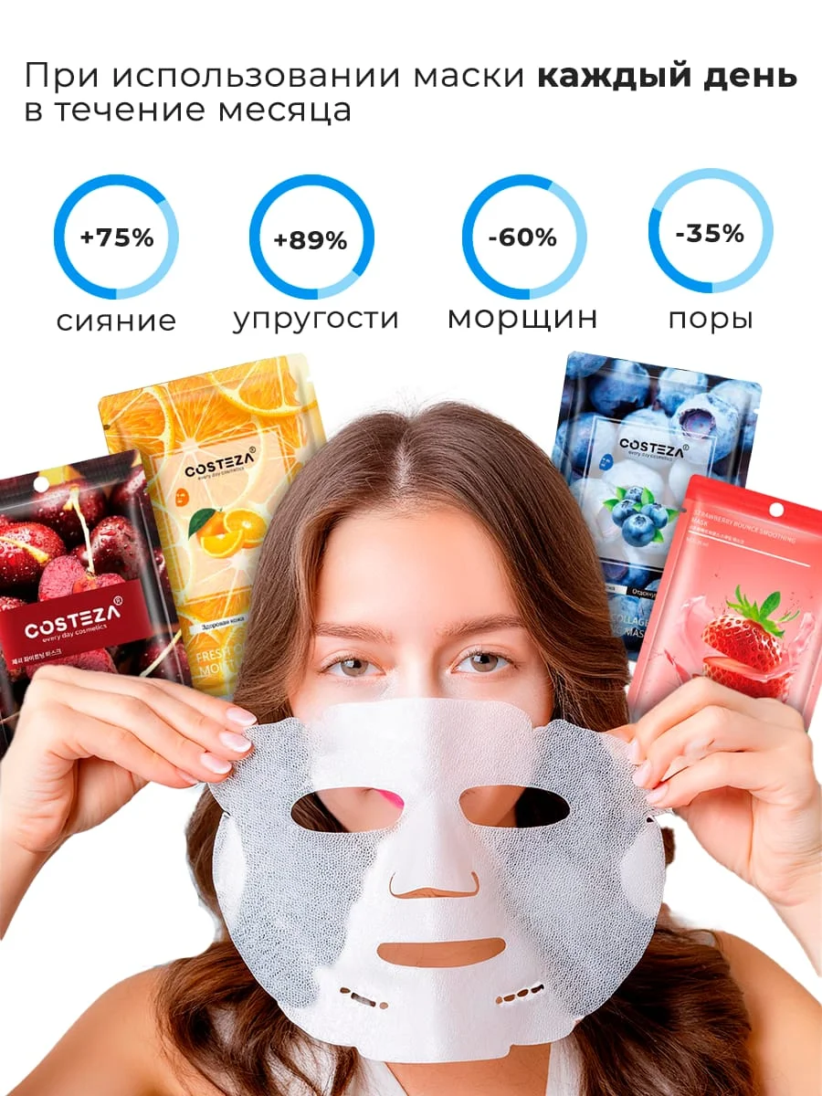 Зеленый маска для лица тканевая, маски для лица, набор масок, маска тканевая с экстрактами Costeza