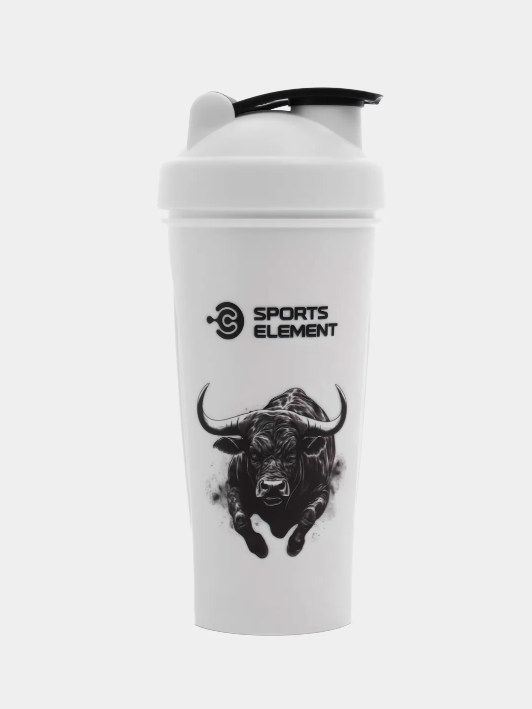 Черный шейкер спортивный для протеина Sports Element с принтом белый, 600 мл, с венчиком