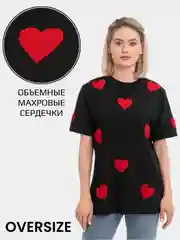 Черный футболка базовая оверсайз женская с махровыми сердечками, с вышивкой
