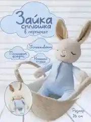 Зайка Сплюшка в переноске, спящий зайчик в корзинке, спящий заяц, мягкая игрушка