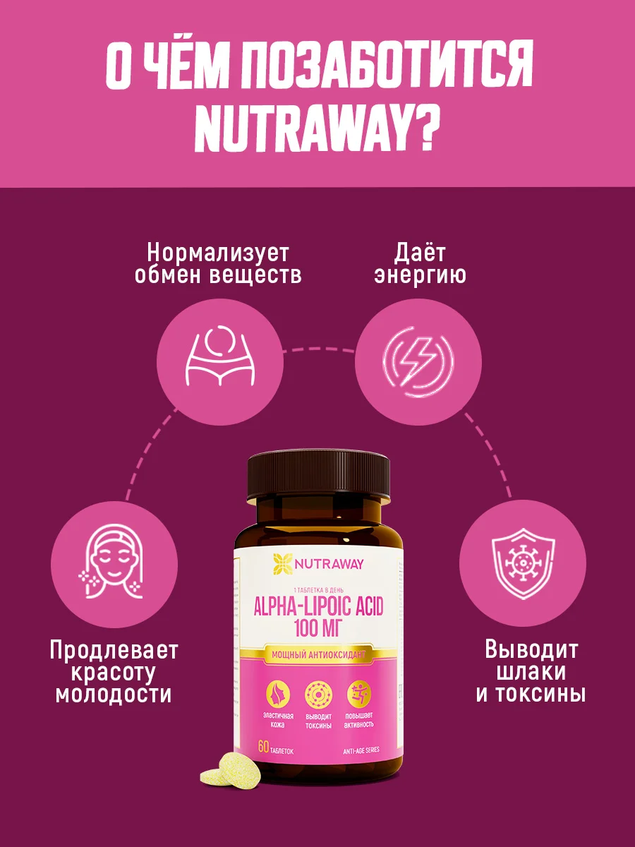 БАД к пище Nutraway Альфа-липоевая кислота, 100 мг, антиоксидант, 60 таблеток