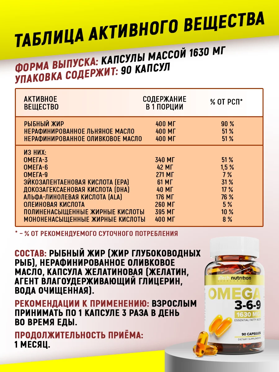 БАД Омега 3-6-9 aTech nutrition, 90 капсул