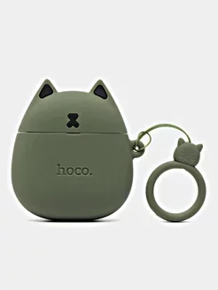 Наушники беспроводные bluetooth с зарядным кейсом hoco EW45 белые, в чехле с зеленым котом