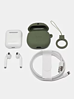 Наушники беспроводные bluetooth с зарядным кейсом hoco EW45 белые, в чехле с зеленым котом