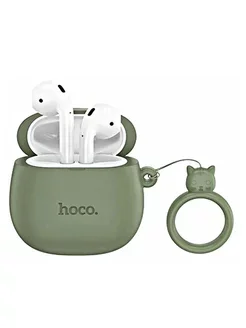 Наушники беспроводные bluetooth с зарядным кейсом hoco EW45 белые, в чехле с зеленым котом