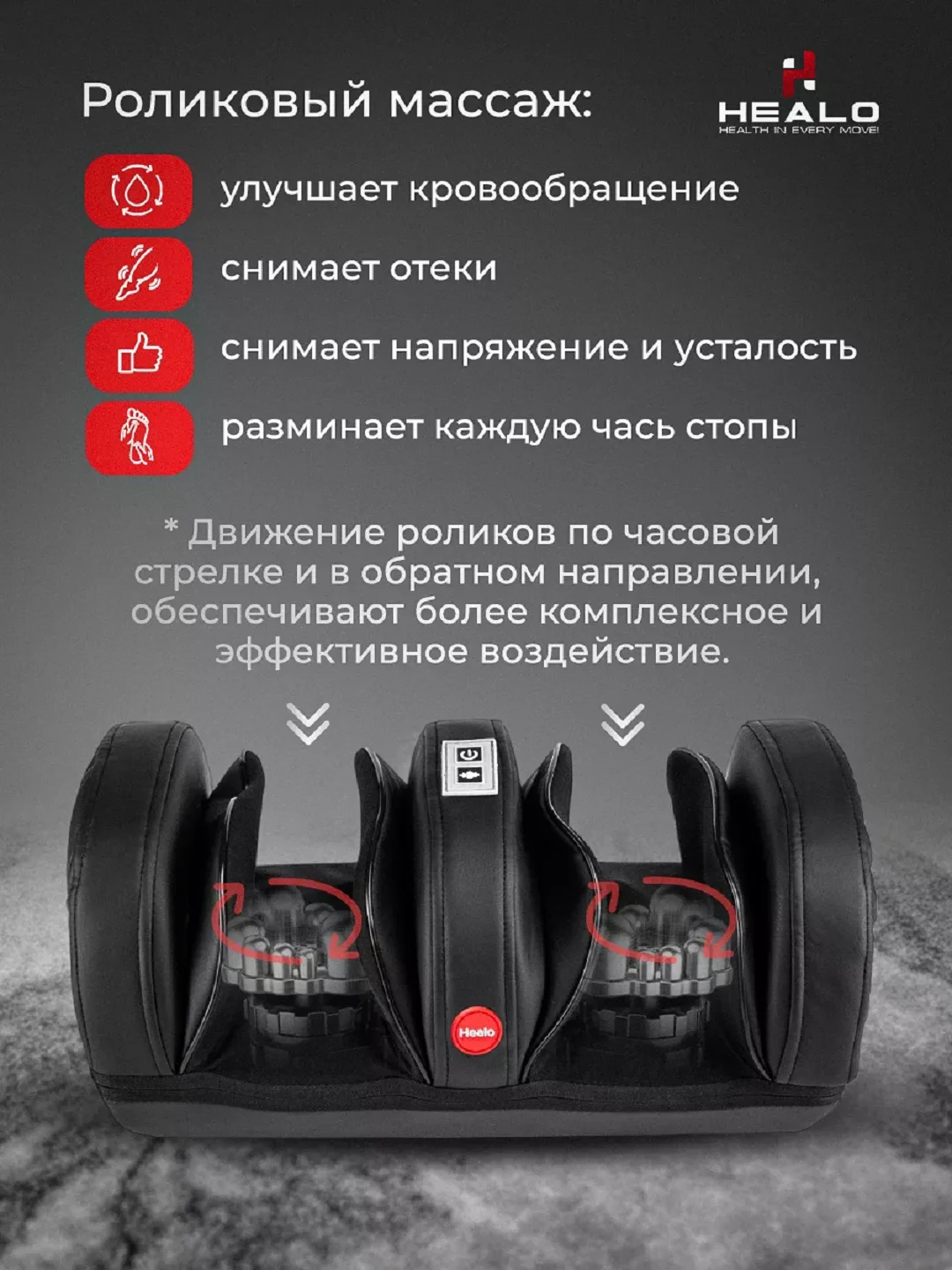 Черный массажер для ног, стоп Healo электрический роликовый с подогревом