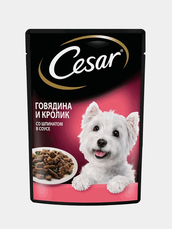 Влажный корм Cesar® для собак, с говядиной, кроликом и шпинатом в соусе, 28 шт по 85г