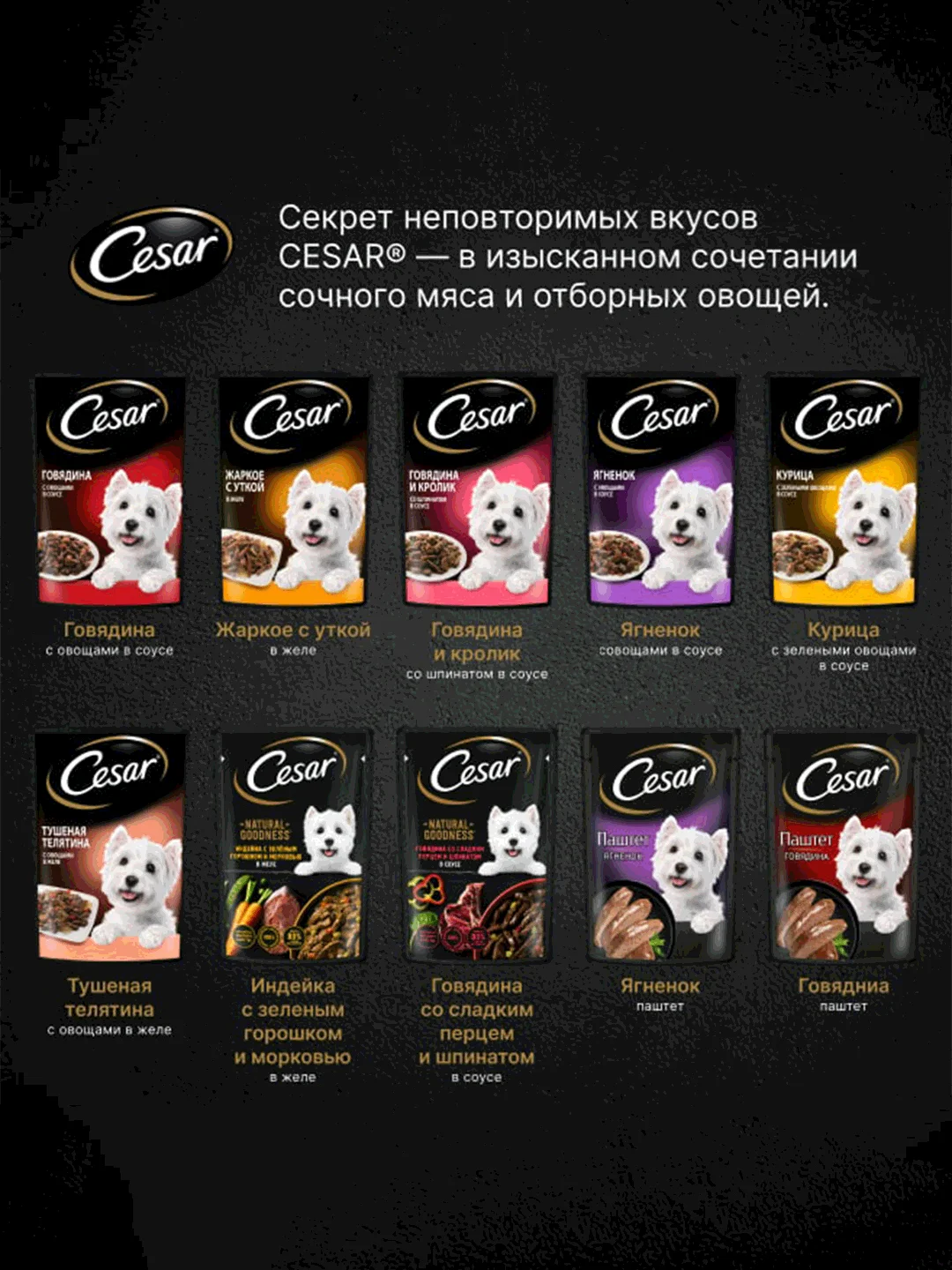 Влажный корм Cesar® для собак, с говядиной, кроликом и шпинатом в соусе, 28 шт по 85г