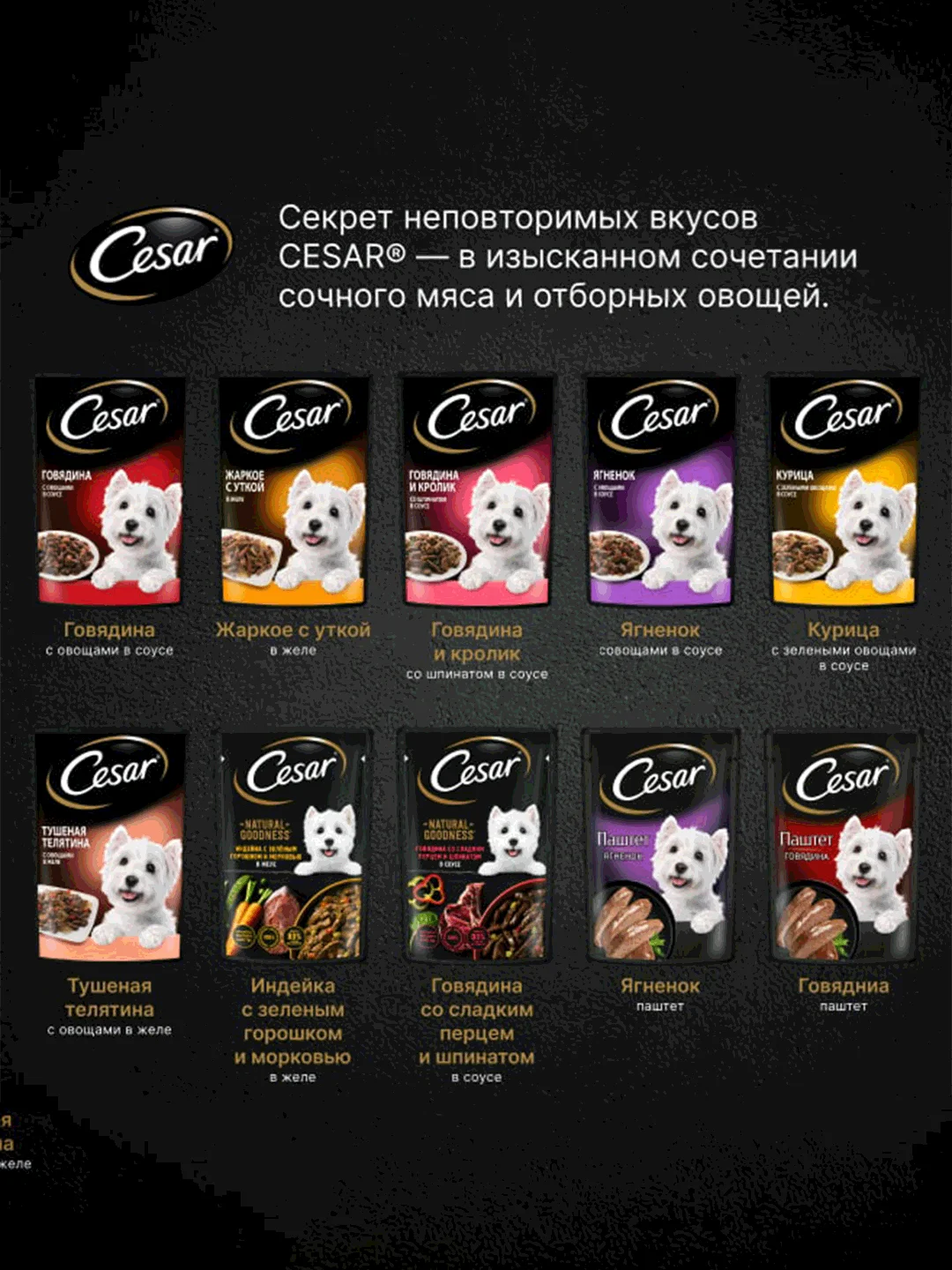 Влажный корм Cesar Natural Goodness для собак, говядина, паприка и шпинат в соусе, 28х80г
