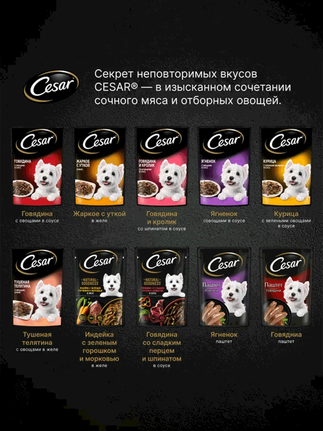 Влажный корм Cesar Natural Goodness для собак, с индейкой, горохом, морковью в желе 28х80г